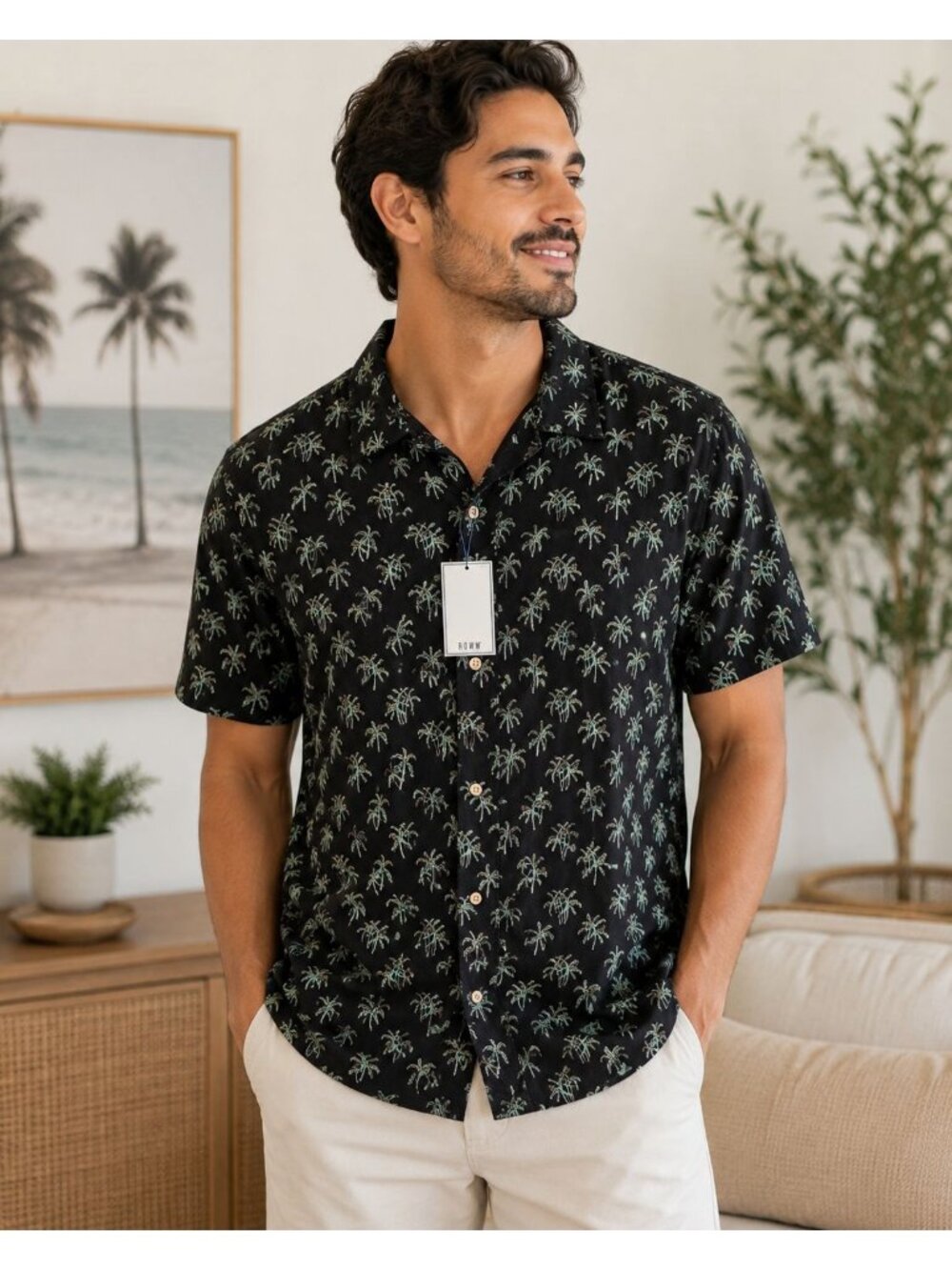 NWT Rowm Men's Black Palm Tree Print Button Up Shirt 2XT
